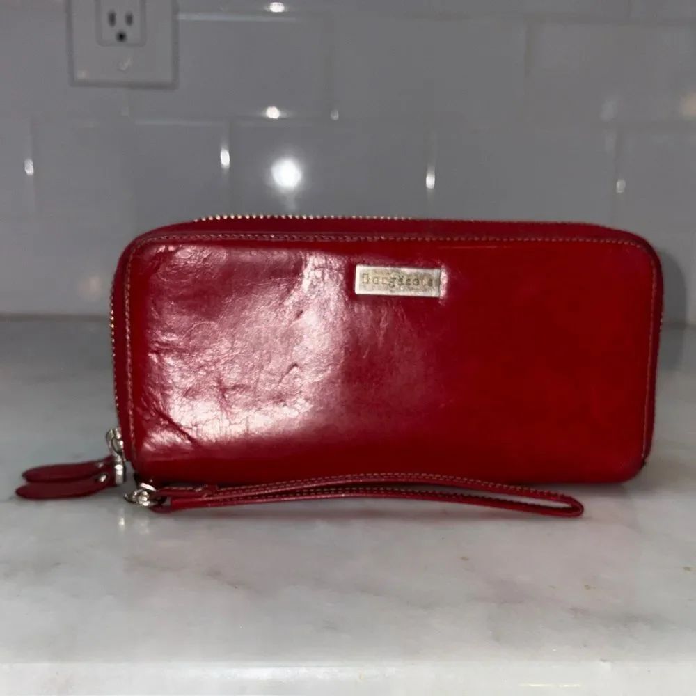 Borgasets Wallet Clutch Red Leather Double  Zip Around Wristlet